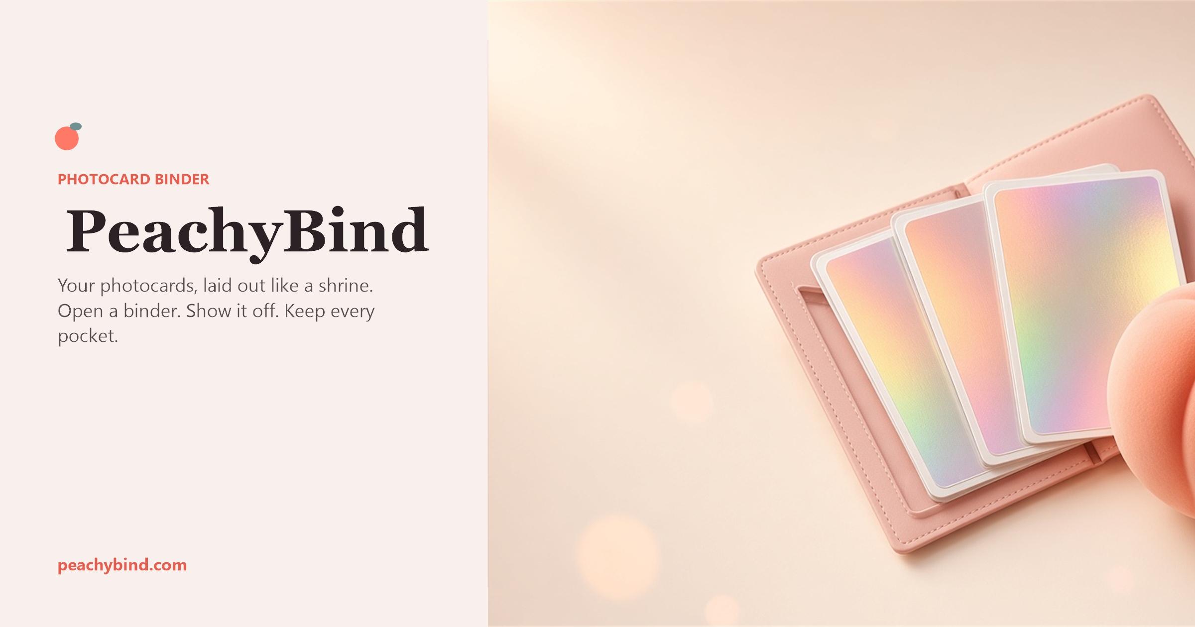 A PeachyBind photocard binder with pocket sleeves and a peach mark